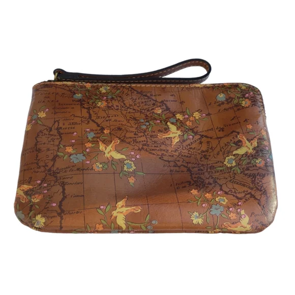 NWT Patricia Nash Cassini Wristlet Floral Map pattern Brown Leather w/strap - Picture 4 of 10